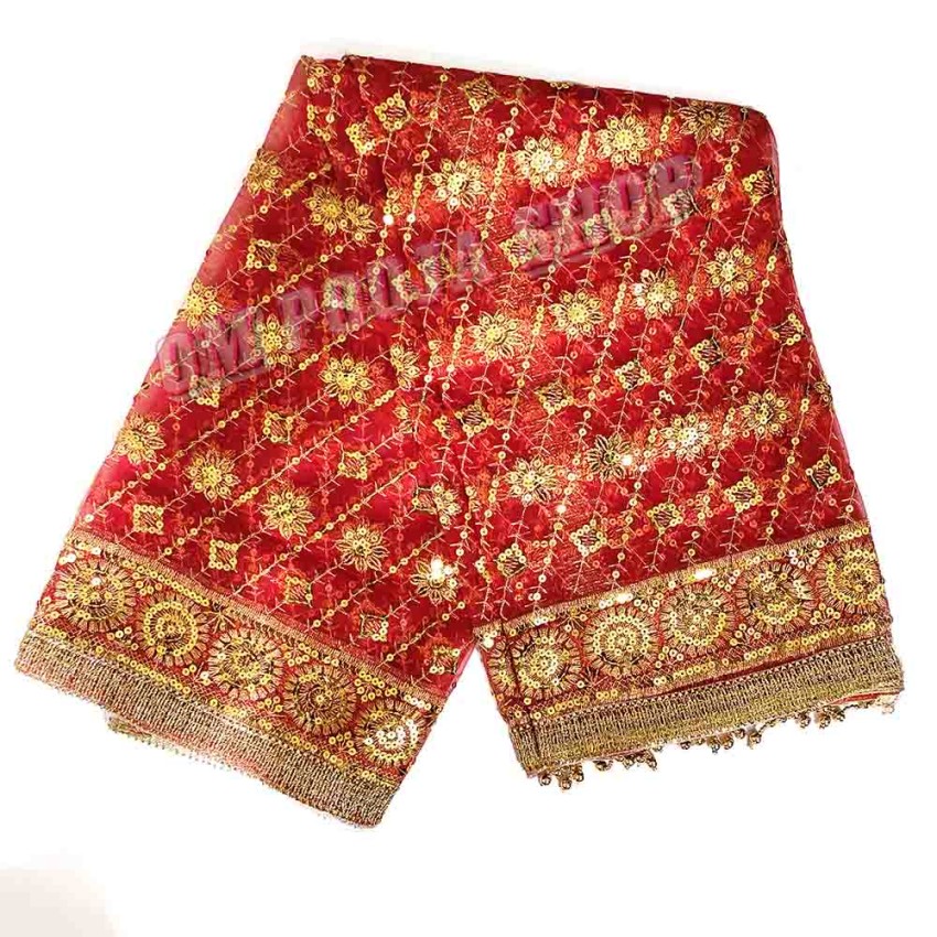Flower Embroidery Chunri with Golden Border - 2 Meter