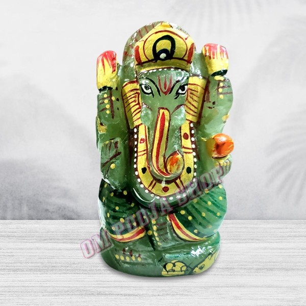 Colored Ganesha Idol in Green Jade Gemstone - 118 Gms