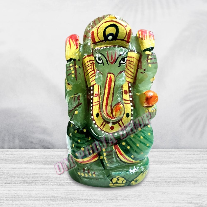 Colored Ganesha Idol in Green Jade Gemstone - 118 Gms