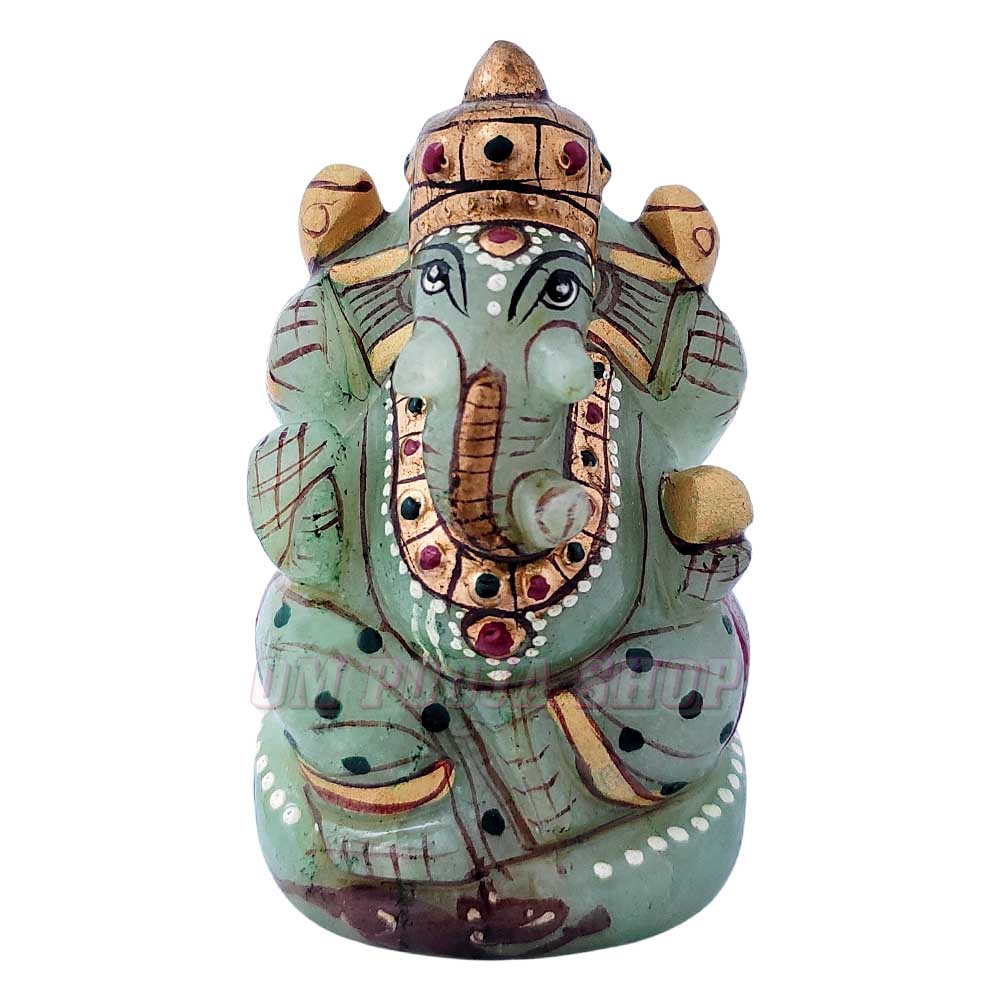 Bhagwan Ganesh Painted Murti in Green Aventurine Stone