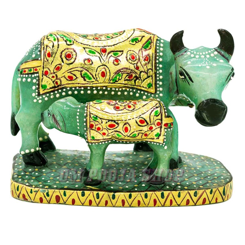 Cow and Calf Idol in Green Polyresin - Size: 5 x 6.5 x 3.5 inch