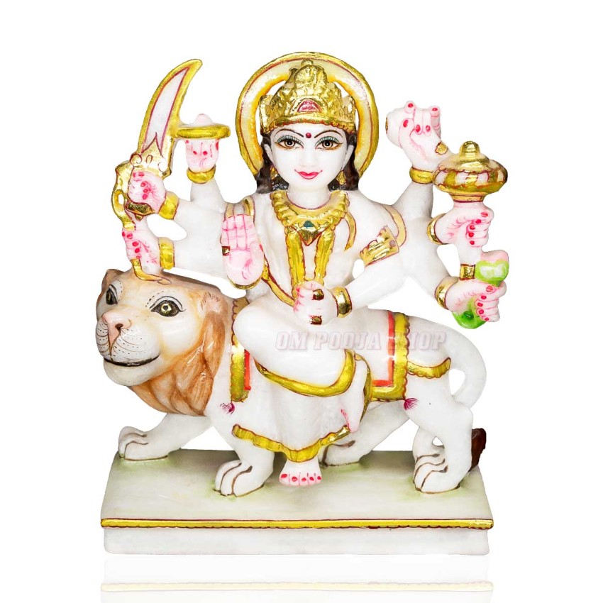 Goddess Durga Murti in White Marble - Size: 6 x 5 x 2 inch - 1 kg