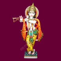 Shri Krishna Playing Flute Big Standing Pose Statue in White Marble - Size: 22 x 11 x 6 inches - 30 Kgs