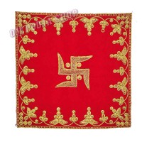 Swastika Red Velvet Puja Aasan With Golden Embroidered  - Size: 9x13 inches