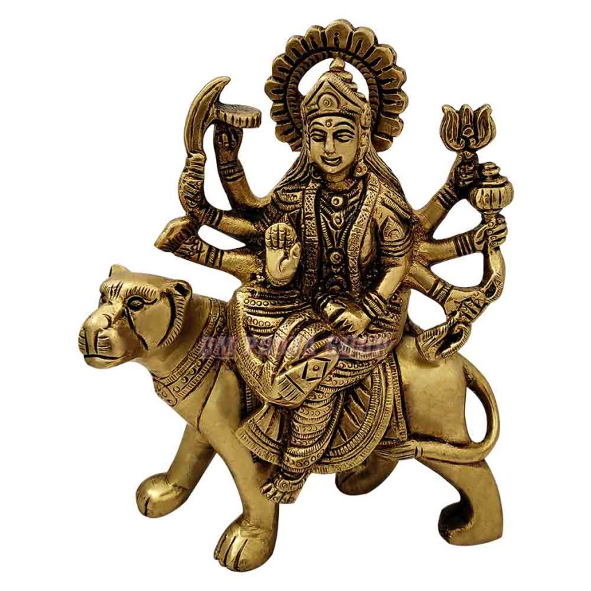 Ambe Mata sitting on Tiger Statue in Brass (Size_5x3.75x1.75 inches)