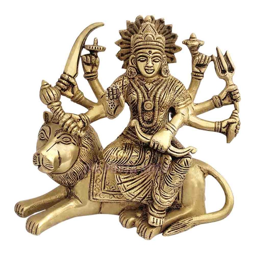 Brass Statue of Mata Durga Sitting with Lion (Size_6x6x2.5 inches)