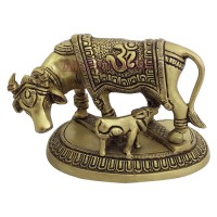 Kamdhenu Cow & Calf Brass Statue - 5.25 inch