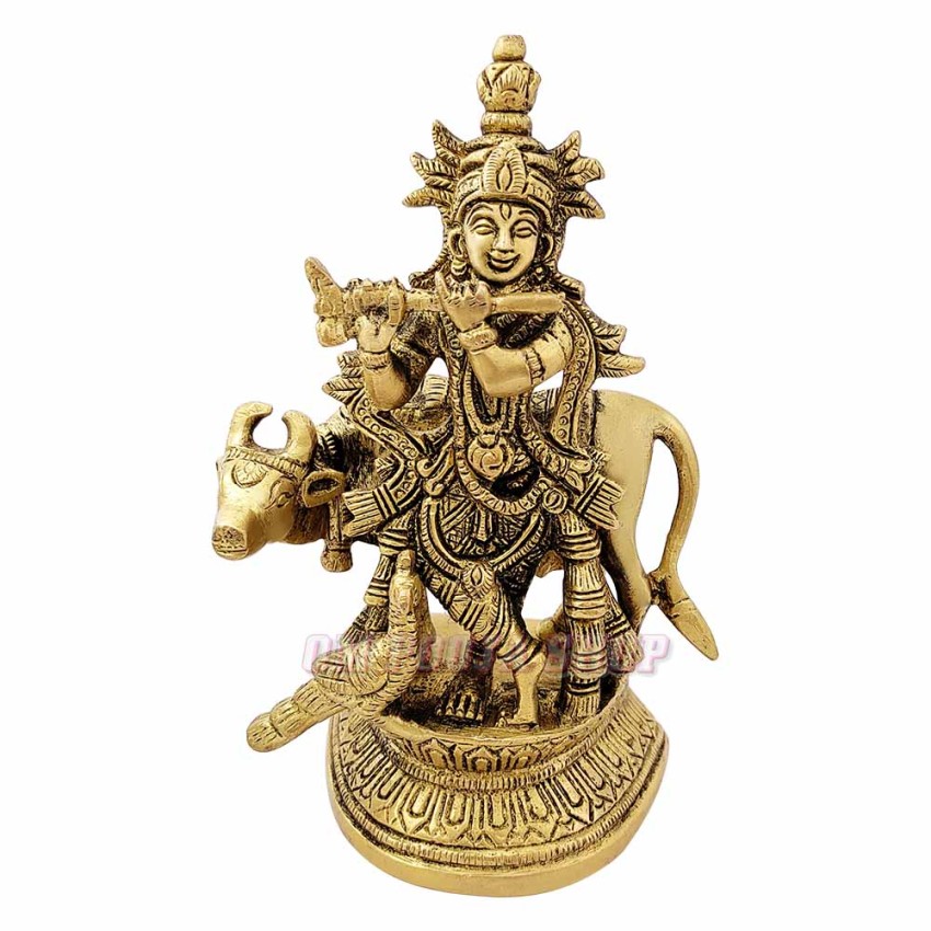 Krishna with Cow Brass Idol - Size: 5.25 x 3.2 x 2 inches
