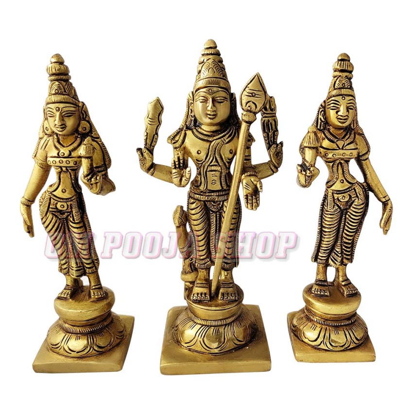 Lord Murugan Mata Devasena Mata Valli Brass Murti - Size: 5.25 inches