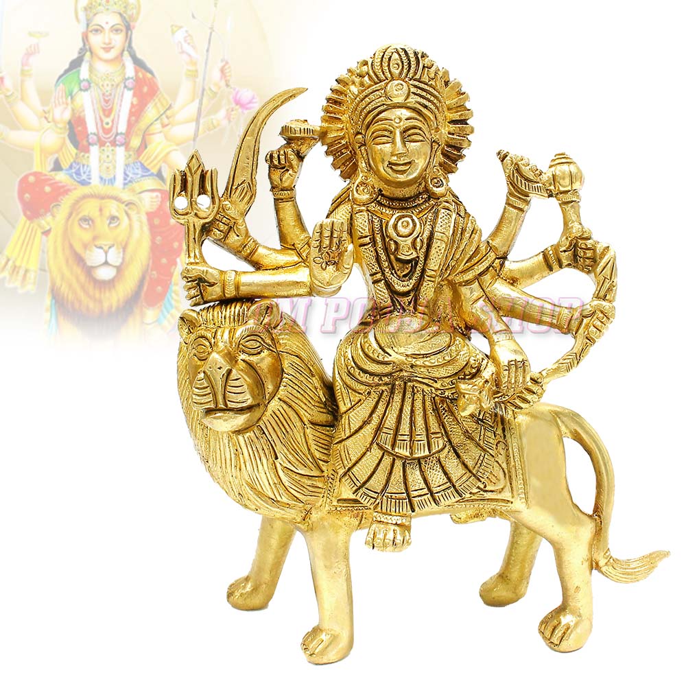 18.5 cm high The Holy Mart Durga in Pure Brass Deity Sherawali Maa Idol Sculpture Brass 