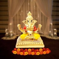 Chaturbhuj Dhari Ganesha Idol in 24Kt Gold Plated with Multi Colored (Size_3x2.5x1.75 Inches)