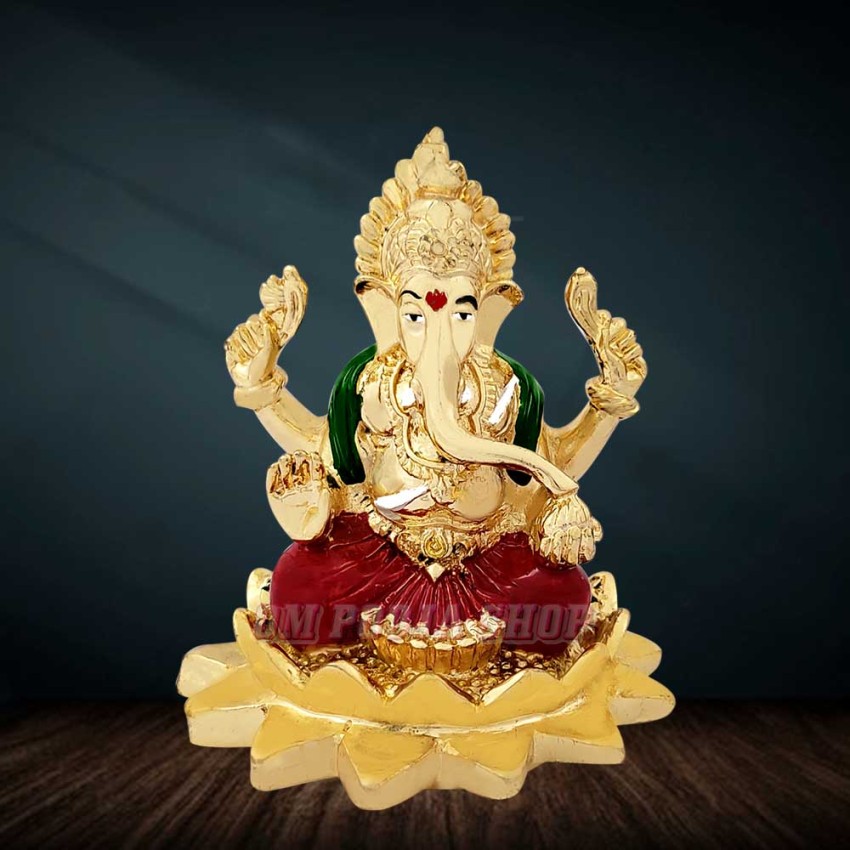 Vighnaharta Shri Ganesha Murti in 24Kt Gold Plated with Multi Colored (Size_3.25x2.8x2.8 Inches)