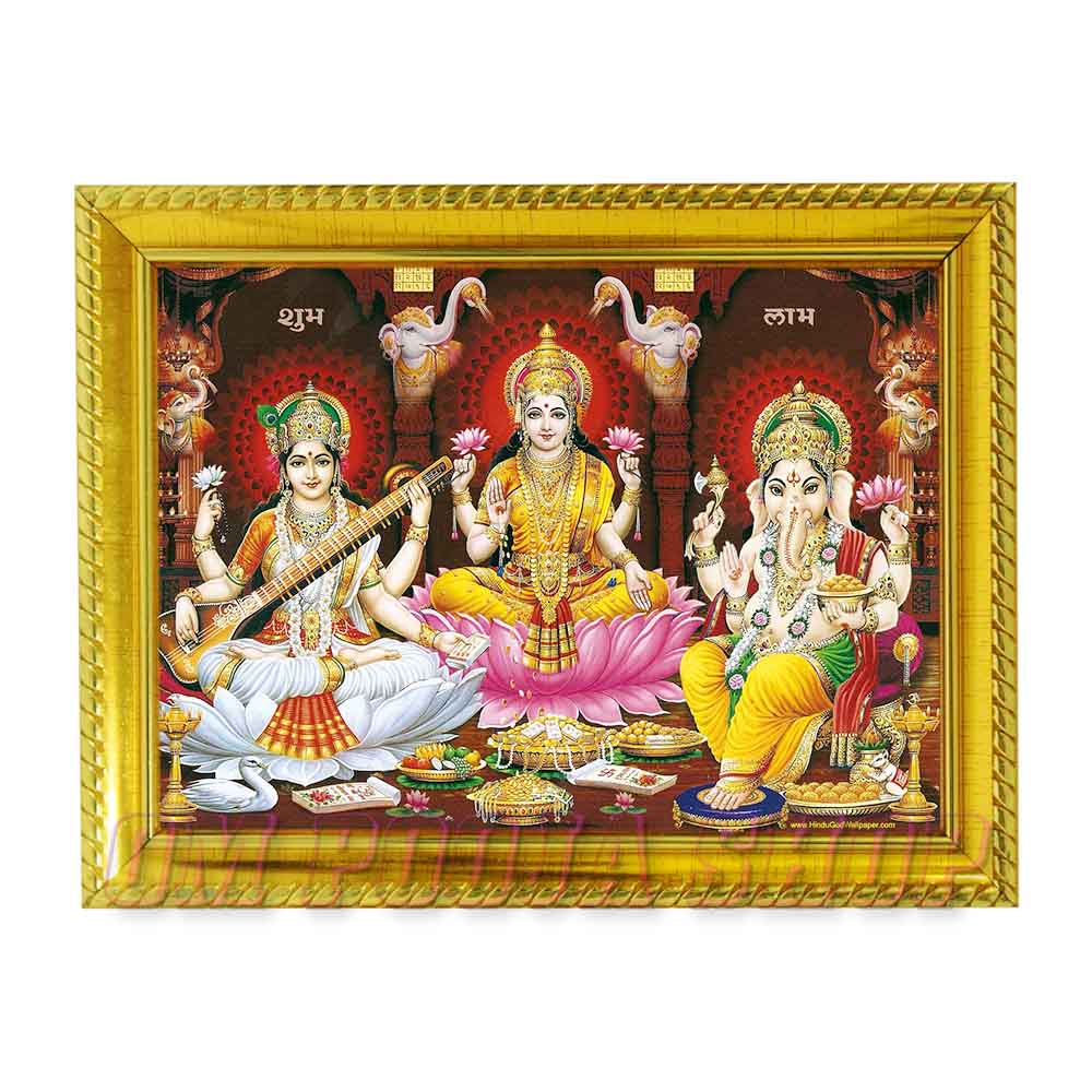 Lakshmi Ganesh Saraswati Photo in Wooden Frame
