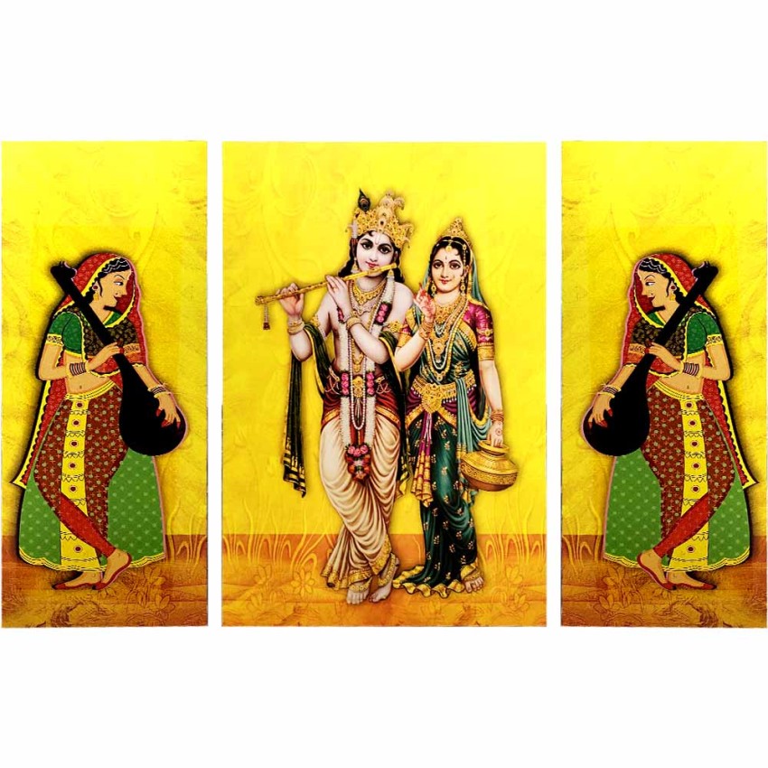 Radha Krishna & Meera Bai Devotee Wall Decor Set Wooden Photo Frame
