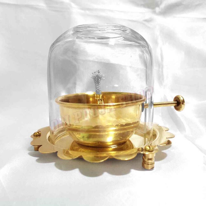 Brass Akhand Diya with Glass Cover | Long-Lasting Oil Lamp with Wick Adjuster
