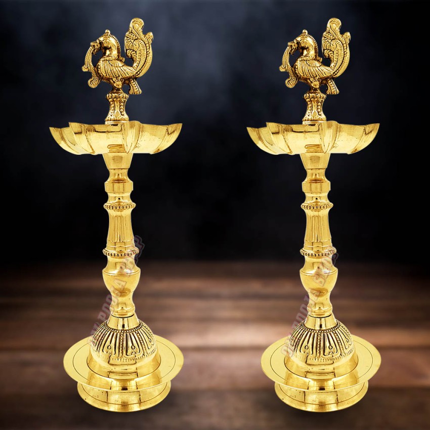Brass Standing Pillar Diya with Dana Kashi Murga Design Samai Oil Lamp set of 2