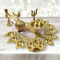 Eleven Diya Aarti with Handle in Brass
