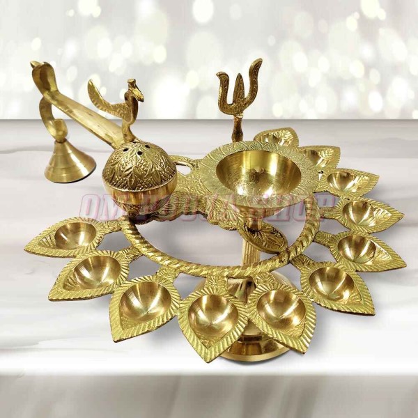Eleven Diya Aarti with Handle in Brass