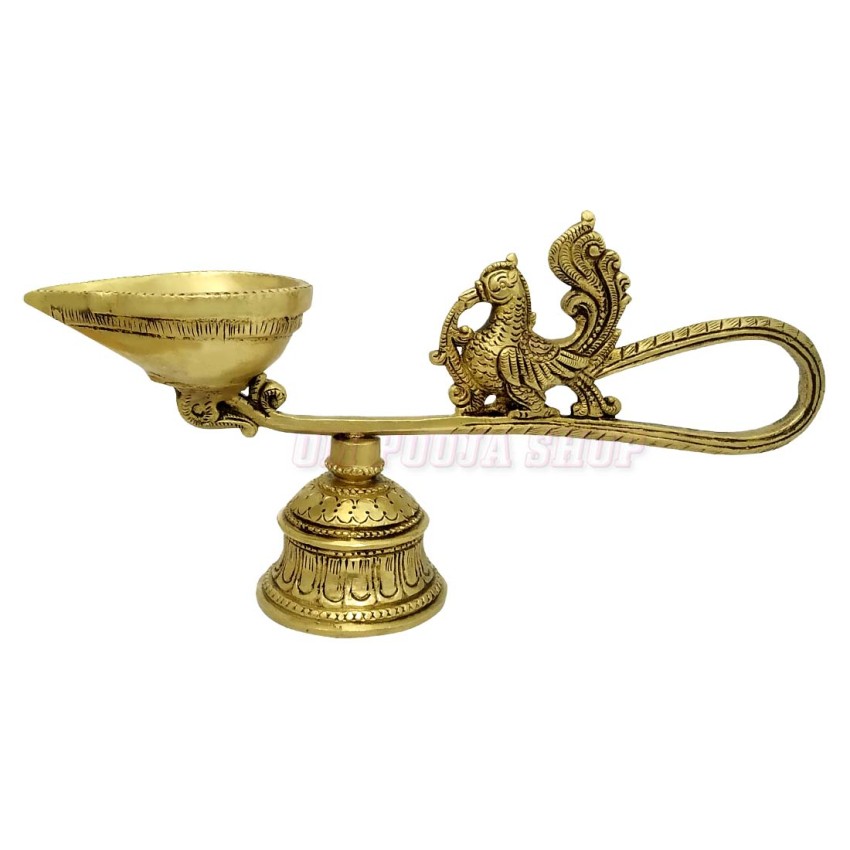 Peacock Aarti Brass Diya with Bell as Stand