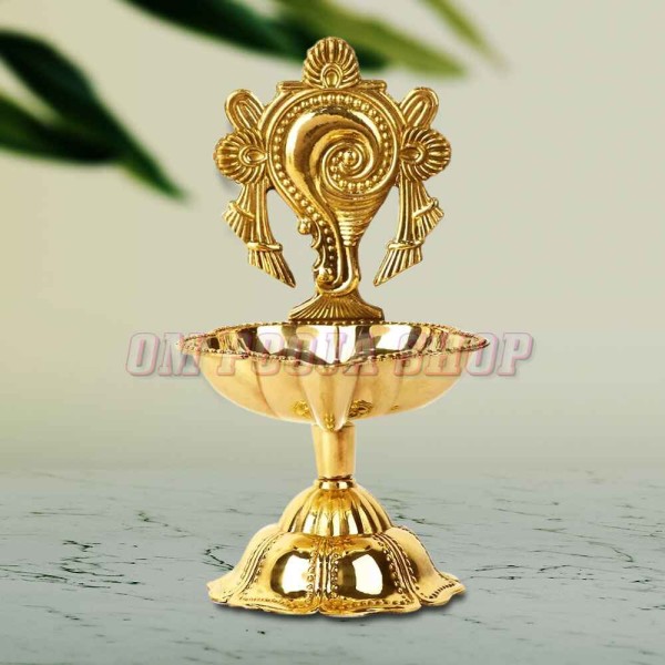 Sacred Shankh Design Brass Diya for Home Temple & Pooja