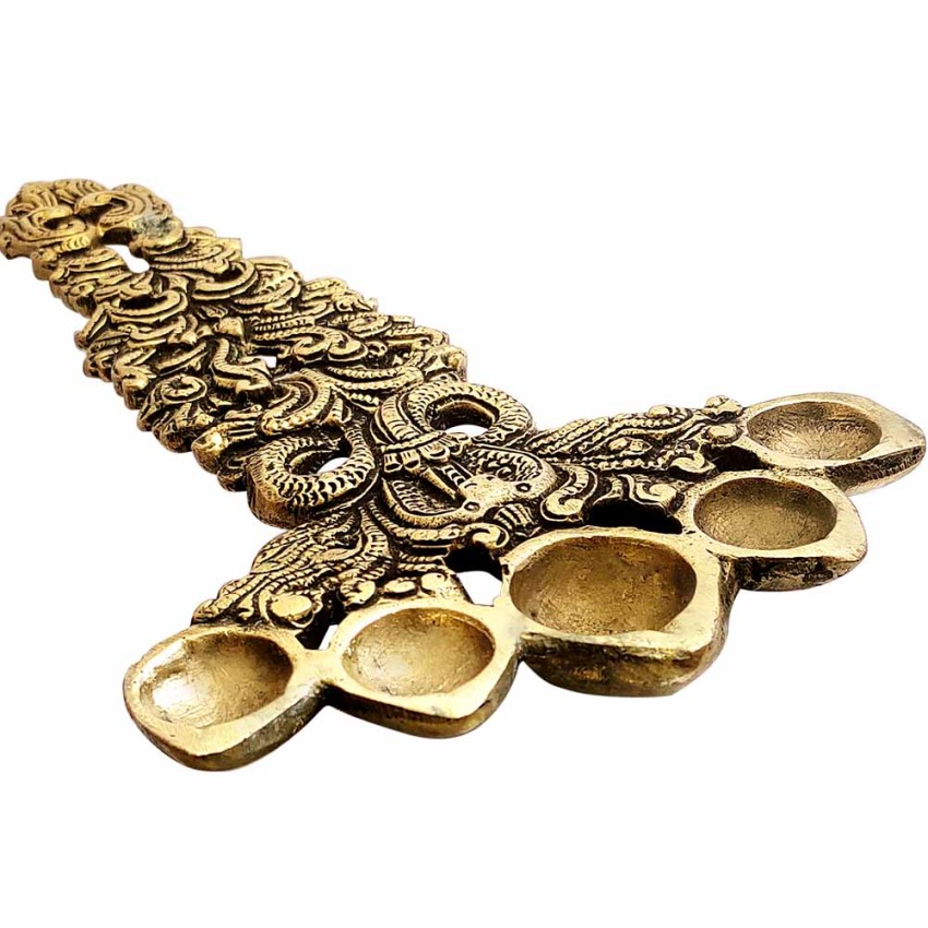 Snake Look Five Face Kapoor Aarti Diya in Brass - Size: 1 x 5.5 x 10 inch