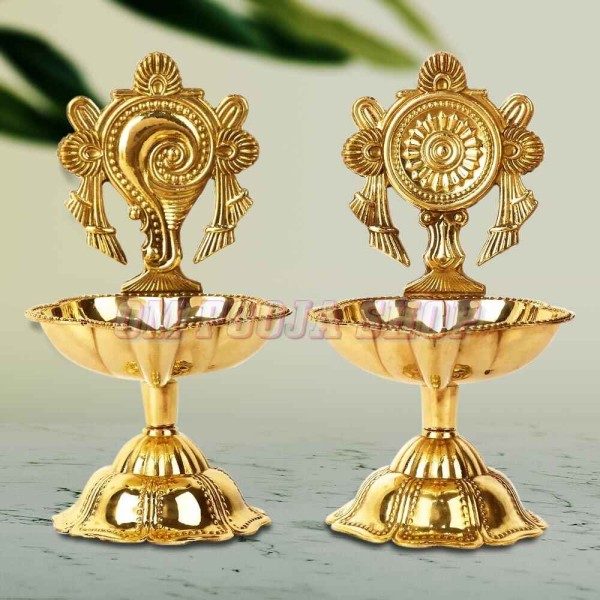 Divine Vishnu Shankha Chakra Brass Diya for Home Temple & Pooja