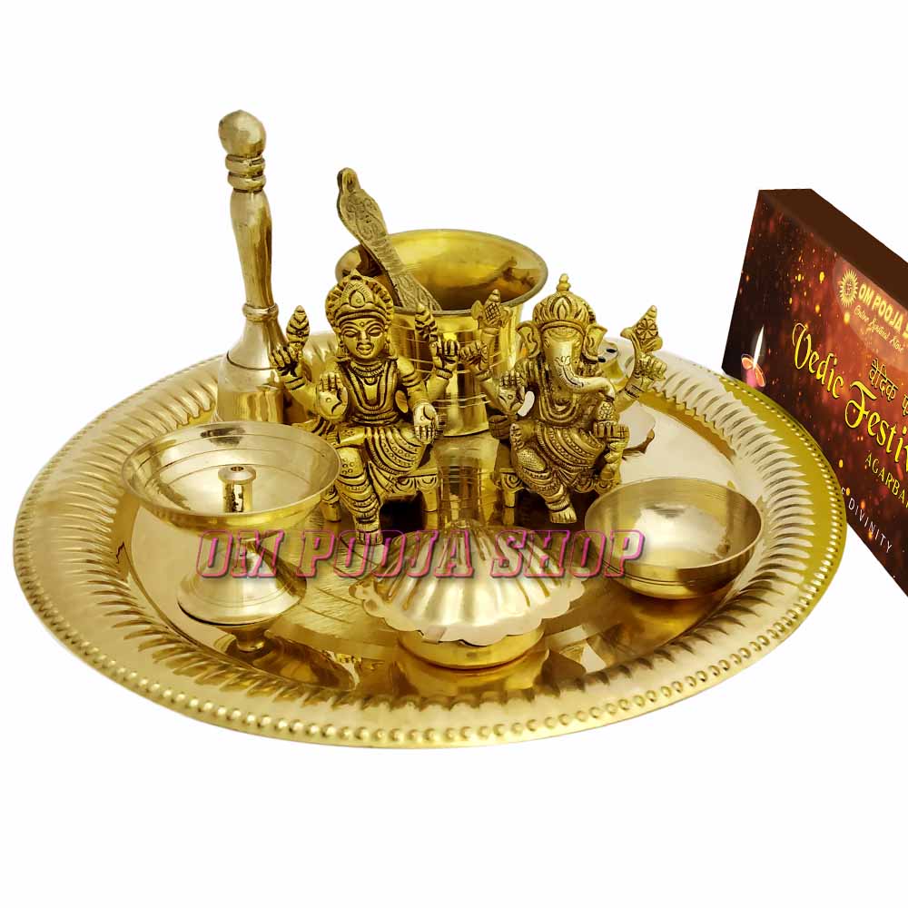 Beautiful Gold Plated Brass Pooja Thali Set for Diwali Poojan, Dhanteras,  Hawan Puja, Diwali Pujan, Navrata Pujan (1 Pieces, Gold)