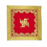 Swastika Embroidery Red Velvet Prayer Aasan - Size: 12 x 12 inches