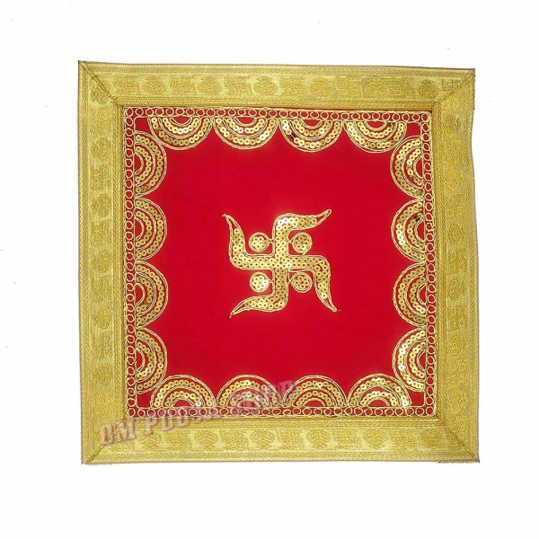 Swastika Embroidery Red Velvet Prayer Aasan - Size: 12 x 12 inches