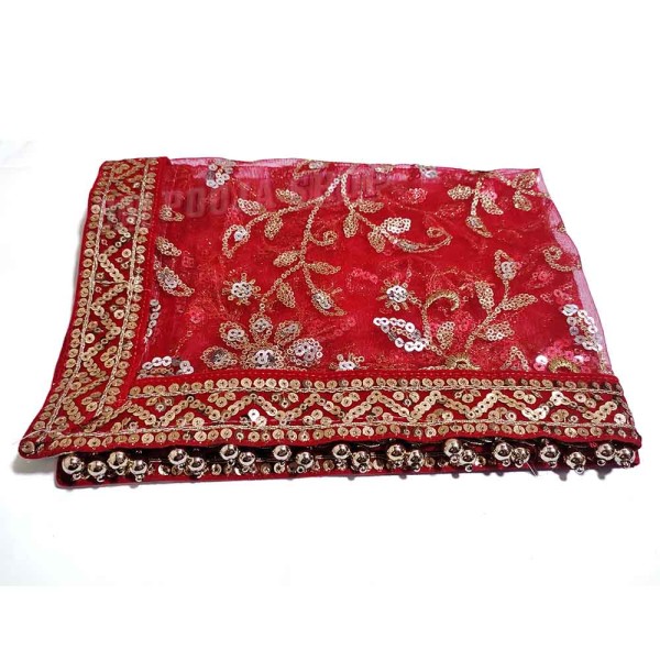 Red Flora Embroidery Chunari with Velvet Border- Size: 14 x 18 inches