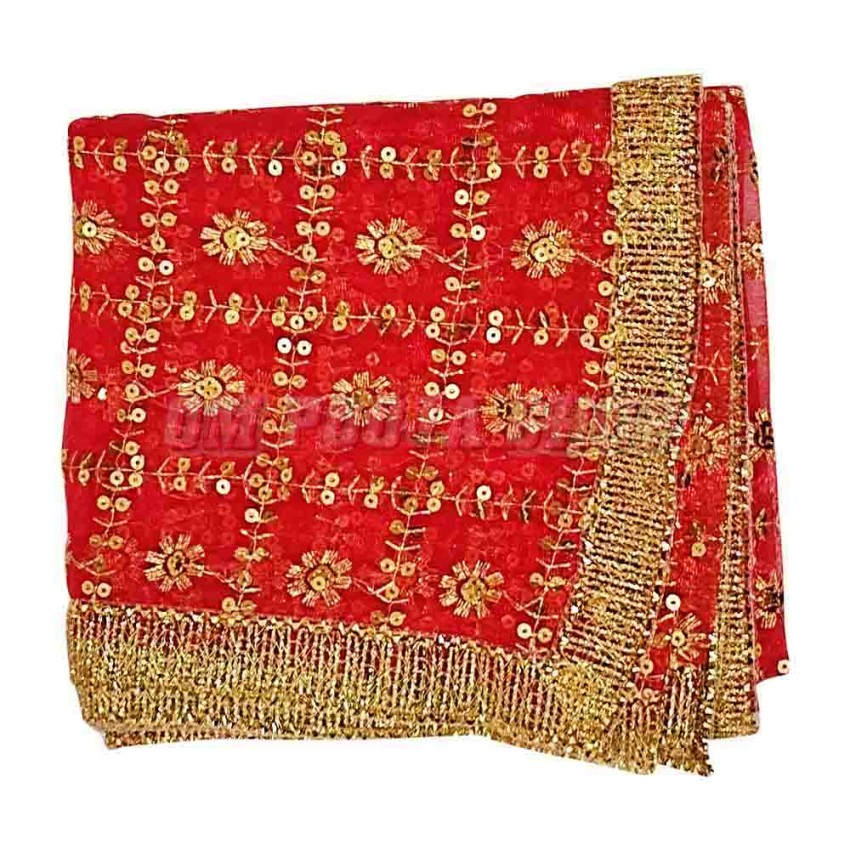 Wedding Bridal Hand Embroidery Red Net Dupatta - 2 Meter