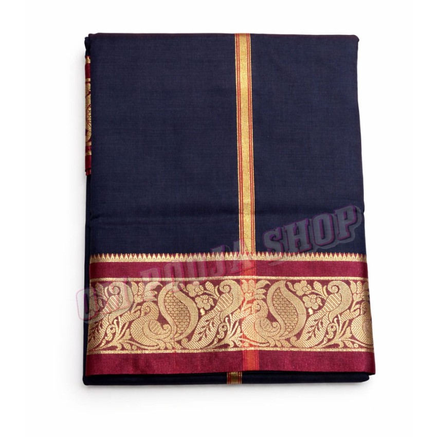 Deep Navy Blue Color Dhoti With Shawl in Silk with Golden Border