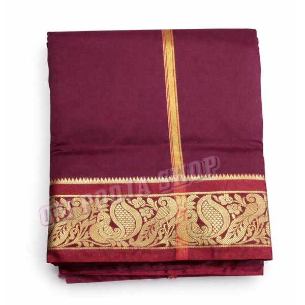 Royal Deep Purple Silk Dhoti & Angavastram Set with Gold Border