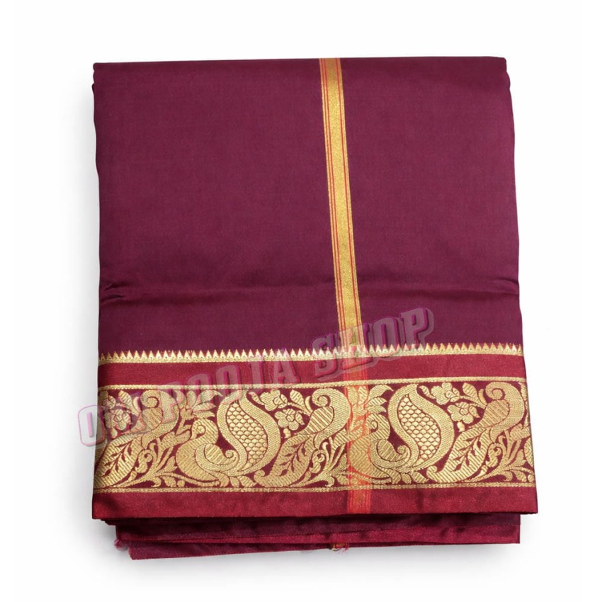 Royal Deep Purple Silk Dhoti & Angavastram Set with Gold Border