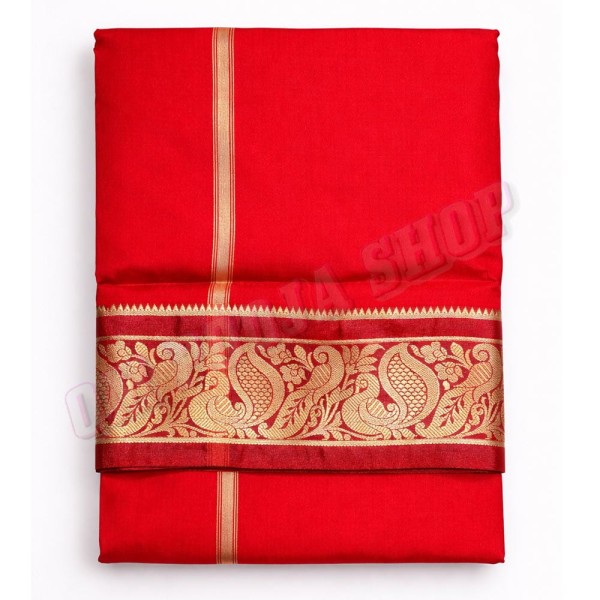 Divine Red Silk Dhoti-Angavastram with Peacock Zari Design