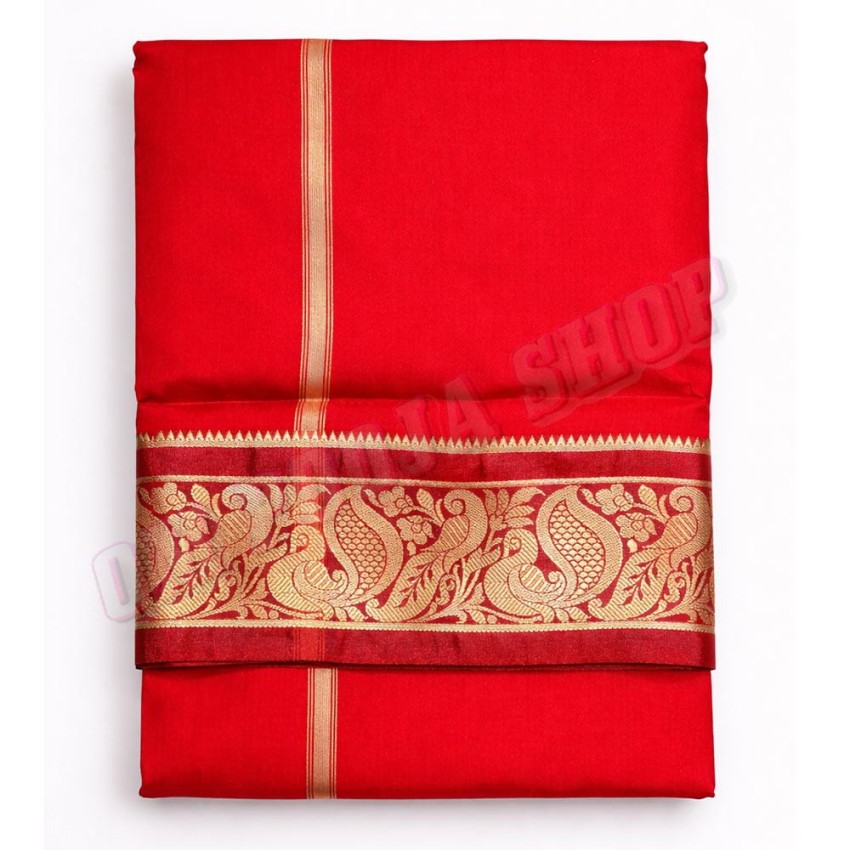 Divine Red Silk Dhoti-Angavastram with Peacock Zari Design