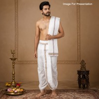Ready-to-Wear White Dhoti and Angavastrawith Golden Maroon Zari Border for Puja & Rituals - Free Size