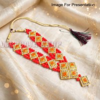 Divine Red Pearl & Diamond Stone Designer Haar For Idol (9.5 Inches)