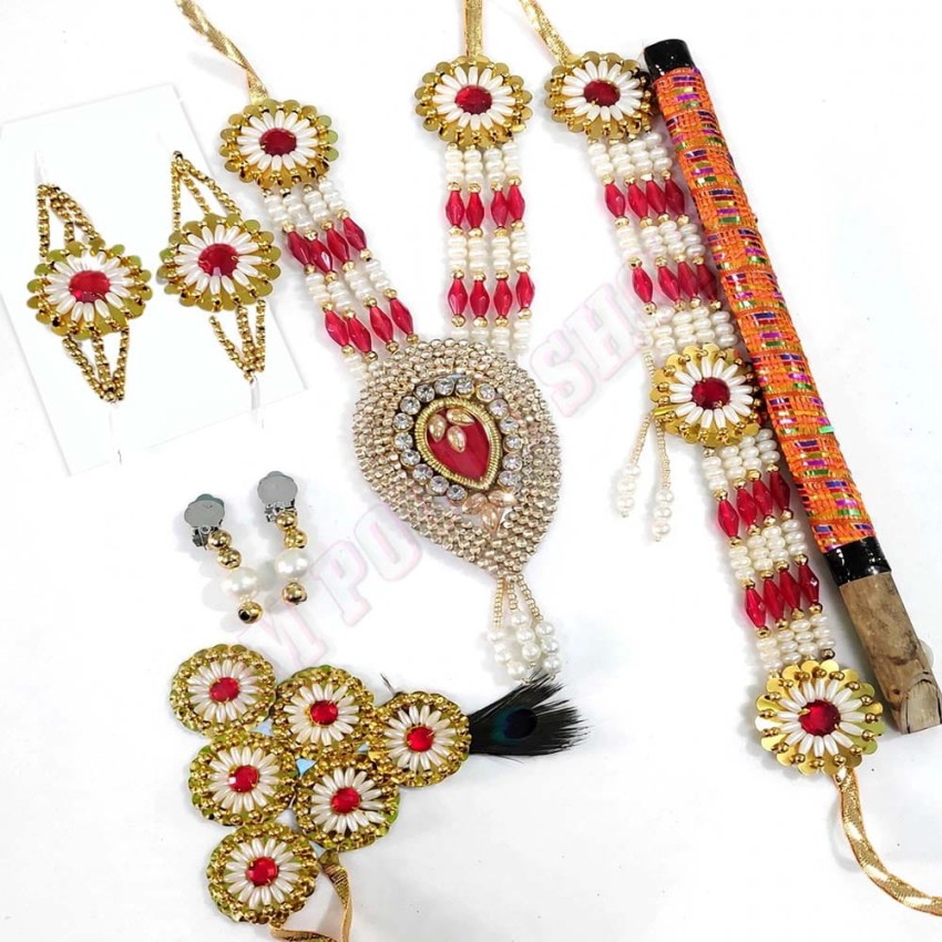 Complete Red & White Pearl Krishna Shringar Jewellery Set for Kids Boy Complete Red & White Pearl Krishna Shringar Jewellery Set for Kids Boy