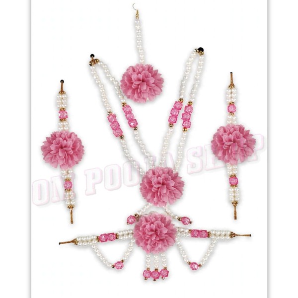 Handcrafted Pink Floral & Pearl Radha Ji Jewellery Set for Kids