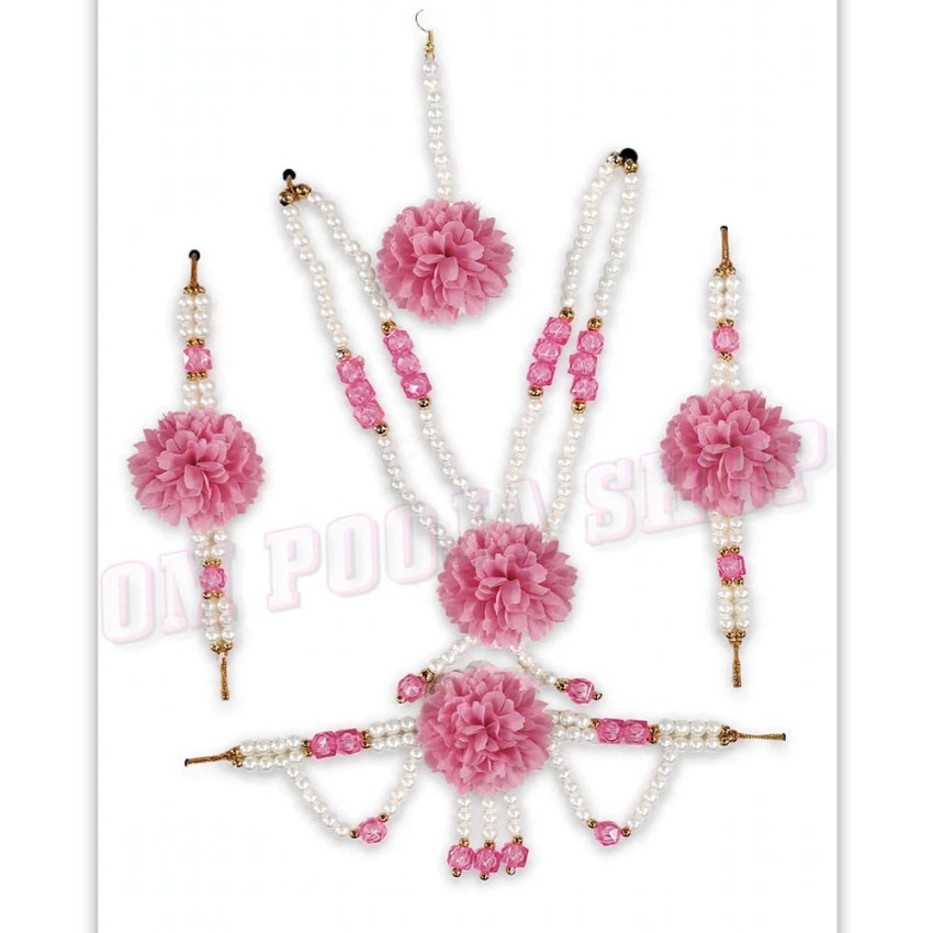 Handcrafted Pink Floral & Pearl Radha Ji Jewellery Set for Kids Handcrafted Pink Floral & Pearl Radha Ji Jewellery Set for Kids