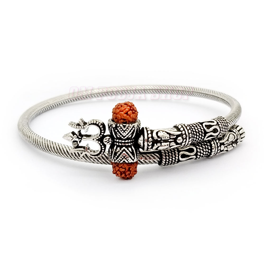 925 Sterling silver handmade plain shiny Lord Shiva trident trishul kada bangle  bracelet with natural Rudraksha customized kada nsk785 | TRIBAL ORNAMENTS