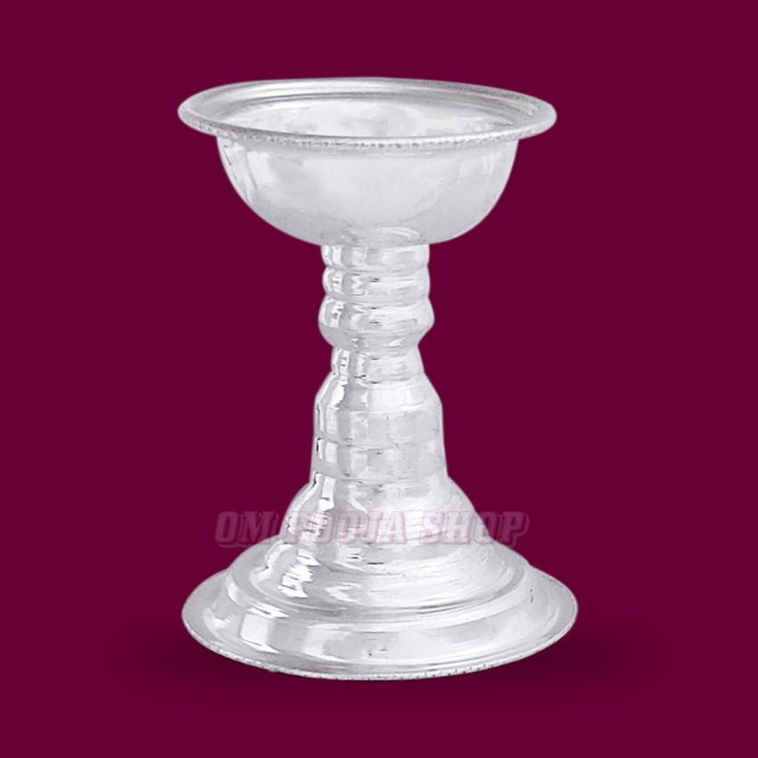 Round Design Ghee Diya Long Stand in Sterling Silver - Size: 2x1.5x1.5 inches
