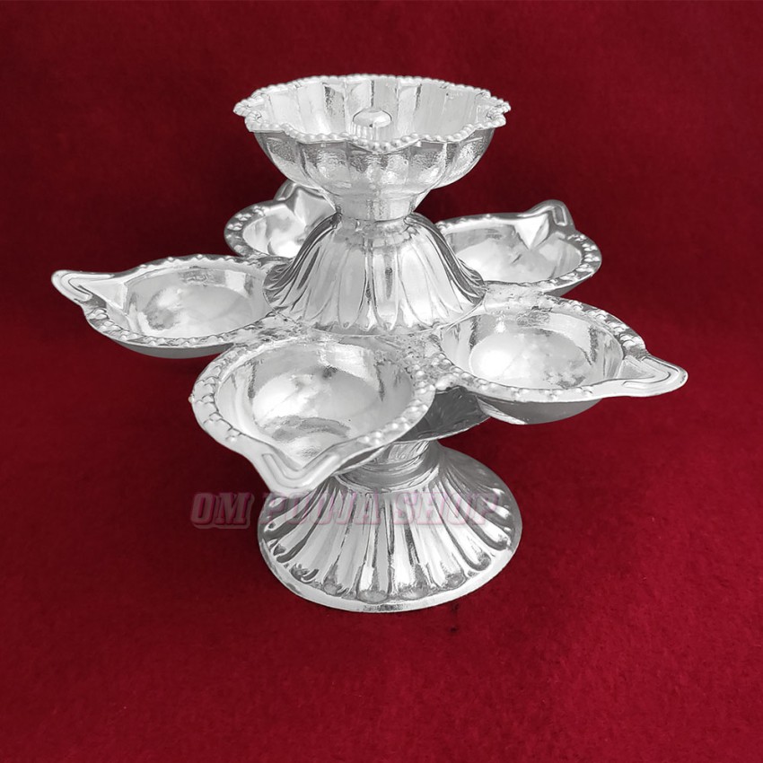 German Silver Panchmukhi Flower Diya for Puja and Gifts Purpose