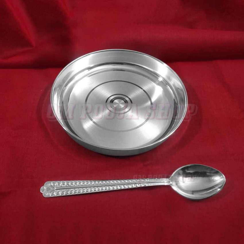 Pure Silver Plate and Spoon for Food Serving - size: 4.5 inch