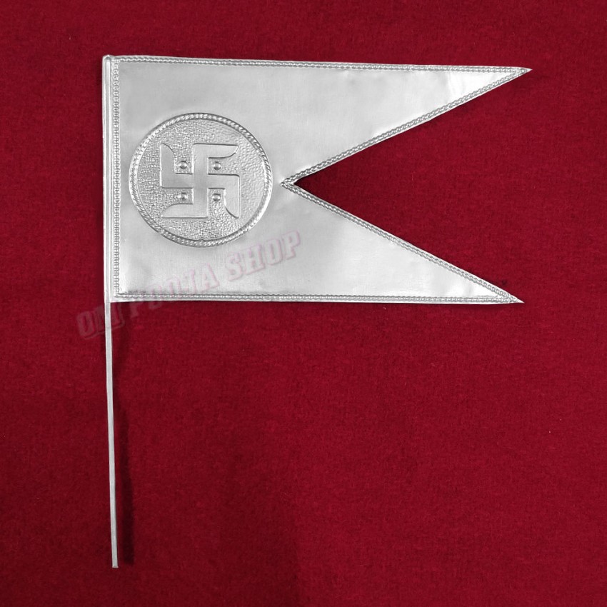 Swastika Flag Dhwaja Jhanda in Real Silver for Decoration - Size: 6.5 x 5.2 x 3.2 inches
