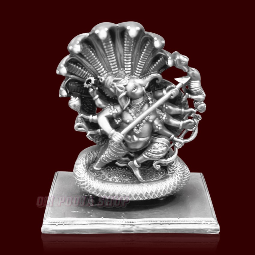 Lord Ganesha With Sheshnag Statue in 925 Sterling Silver - Size: 1.75 inch