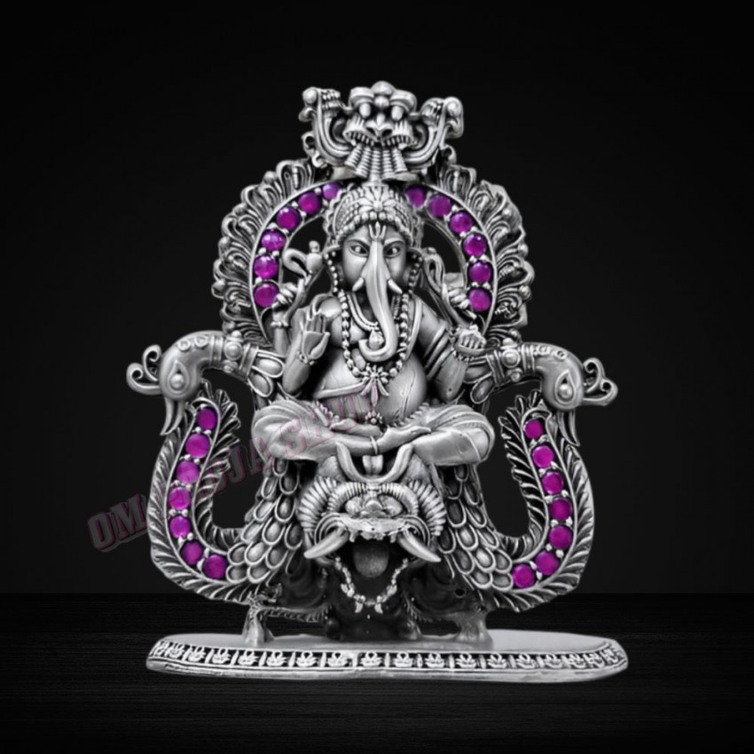 Ganesh ji Seated Pose on Peacock Design Aasan in 925 Silver