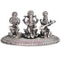 Lakshmi Ganesh Saraswati 925 Pure Silver Idol - Size: 1.25 x 2.75 x 1.25 inches