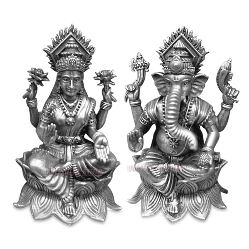 MahaLakshmi Ganesha Seated on Lotus Flower idol Statue in Pure Silver